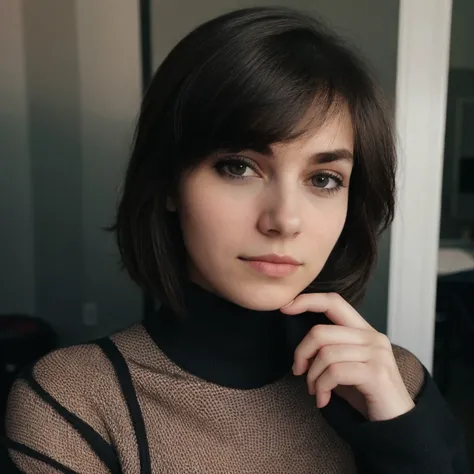 m4r14d3m1n4, head shot, portrait, from front, looking at viewer, brown hair, short hair, turtleneck sweater, <lora:m4r14d3m1n4-09:1>