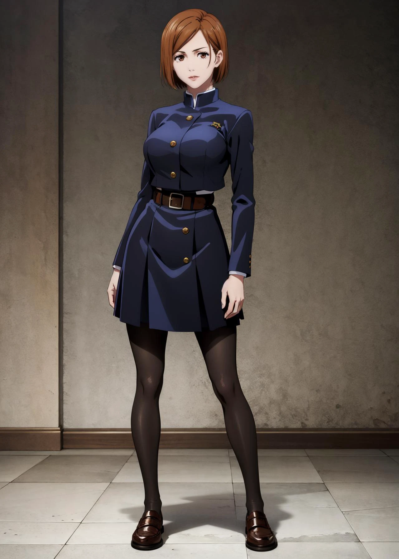 (full body shot, masterpiece, best_quality, ultra-detailed, immaculate:1.3),
BREAK
<lora:NobaraKugisaki, brown eyes, short hair, brown hair:0.55> NobaraKugisaki, brown eyes, 1girl, solo, short hair, brown hair, female focus, serious, looking at viewer, large breasts, gakuran,cropped jacket, belt,high-waist skirt, pantyhose, shoes, posing for photo, standing,
<lora:detail_slider_v4:1>
BREAK
bedroom,