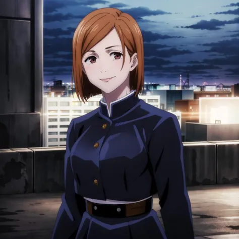 masterpiece,high quality,solo,
<lora:NobaraKugisaki001:0.7>,
NobaraKugisaki,1girl,
gakuran,cropped jacket,
belt,high-waist skirt,
blush,looking up,closed mouth,smile,scene reference,looking to the side,parody,
city,night,rooftop,city lights,