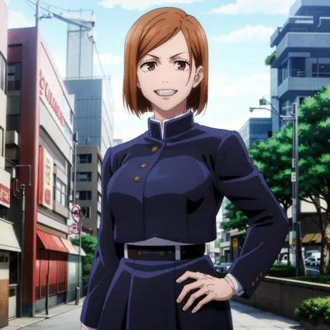 masterpiece,high quality,solo,
<lora:NobaraKugisaki001:0.7>,looking at viewer,smile,parted lips,
NobaraKugisaki,1girl,
gakuran,cropped jacket,
belt,high-waist skirt,
frown,v-shaped eyebrows,glaring,clenched teeth,teeth,
city,harajuku,