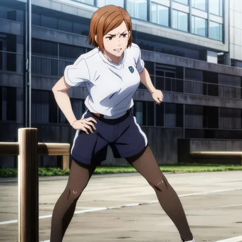 masterpiece,high quality,solo,
<lora:NobaraKugisaki001:0.7>,
NobaraKugisaki,1girl,
own,v-shaped eyebrows,glaring,clenched teeth,teeth,
sportswear,short pants,pantyhose,