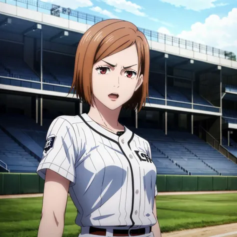 masterpiece,high quality,solo,
<lora:NobaraKugisaki001:0.7>,
NobaraKugisaki,1girl,
looking at viewer,v-shaped eyebrows,glaring,open mouth,
baseball uniforms,baseball ground,