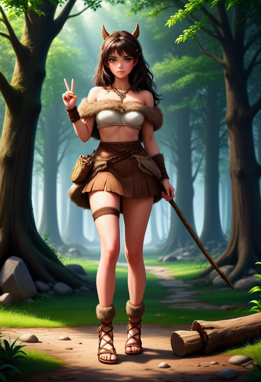 score_9, score_8_up, score_7_up, 1girl (medium full shot) of (bonnies young woman:1.1) cavewoman, mexican with dark hair, brown eyes, medium skin tone, medium build, wearing fur wrap skirt, reed stockings, bark sandals, wooden staff for support and defense scared at the viewer, she's making a vulcan salute to the viewer, .set in Riverside Clearing, Open area with lush green grass, scattered river rocks, and a few picnic tables shaded by towering oak trees , at night. Masterpiece,best quality, photorealistic, amazing quality, very aesthetic, extremely detailed face, ,Masterpiece,best quality, photorealistic, amazing quality, very aesthetic, extremely detailed face,