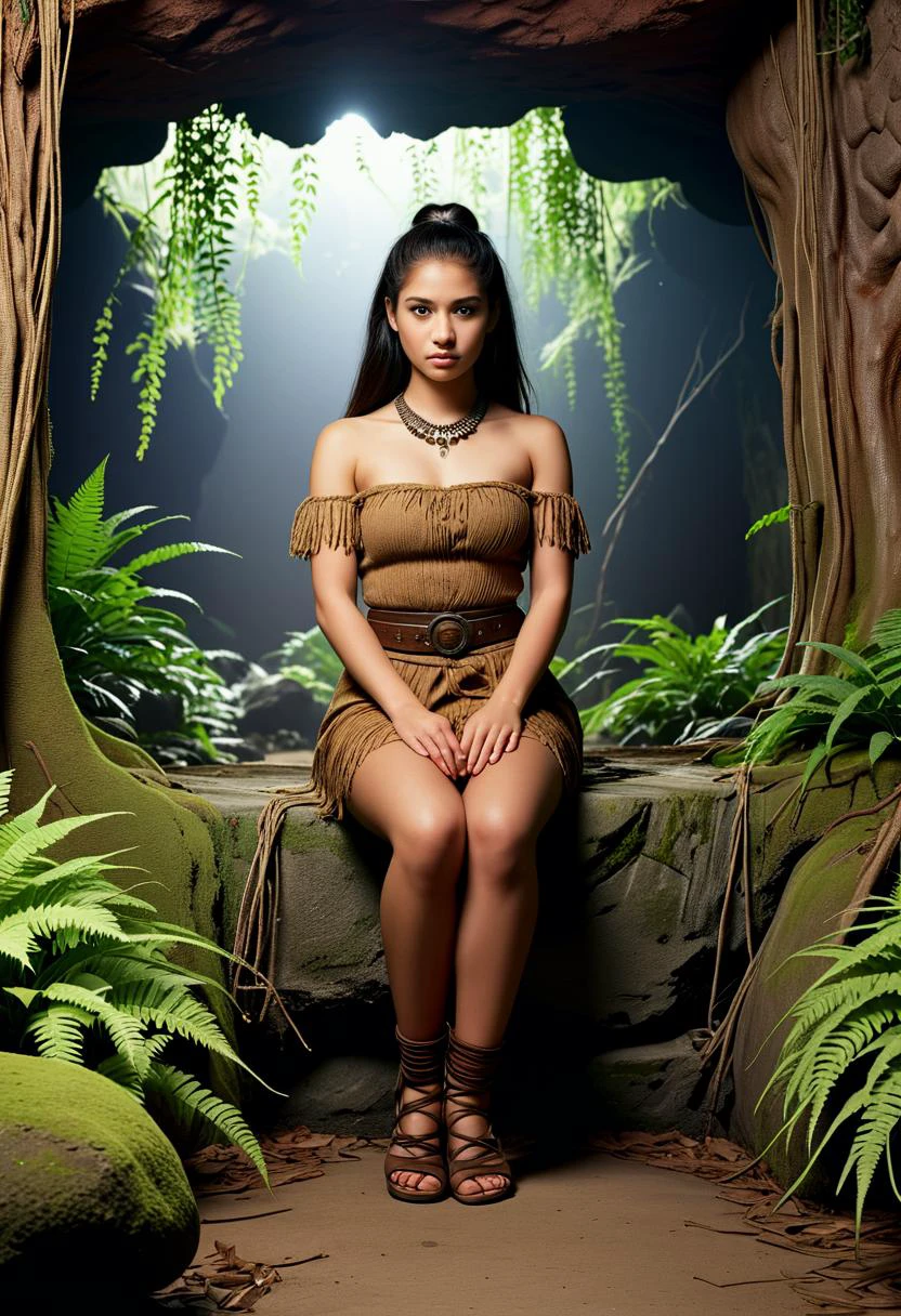 (medium full shot) of (lovely young woman:1.1) cavewoman, philippine with long dark hair tied in a bun, brown eyes, tan skin, medium build, wearing Stone Age ensemble consisting of hide dress, woven reed stockings, primitive leather shoes, leather belt adorned with pouches and tools angry at the viewer, her arms are crossed, .set in Grotto, Rooted Hollow, Subterranean chamber with roots dangling from the ceiling like tangled curtains, moss-covered boulders serving as seats, a cluster of ferns thriving in a shaft of sunlight filtering through a fissure , at night. Masterpiece,best quality, photorealistic, amazing quality, very aesthetic, extremely detailed face,