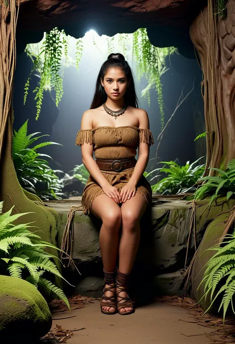 (medium full shot) of (lovely young woman:1.1) cavewoman, philippine with long dark hair tied in a bun, brown eyes, tan skin, medium build,             wearing Stone Age ensemble consisting of hide dress, woven reed stockings, primitive leather shoes, leather belt adorned with pouches and tools angry at the viewer, her arms are crossed,             .set in  Grotto, Rooted Hollow, Subterranean chamber with roots dangling from the ceiling like tangled curtains, moss-covered boulders serving as seats, a cluster of ferns thriving in a shaft of sunlight filtering through a fissure , at night. Masterpiece,best quality, photorealistic, amazing quality, very aesthetic, extremely detailed face,