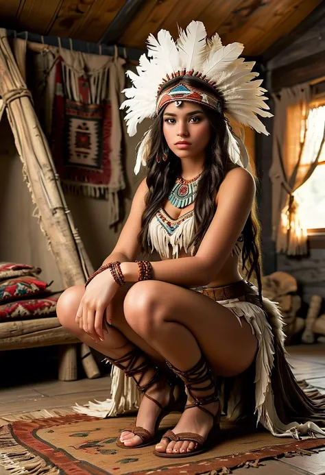 (medium full shot) of (attractive young woman:1.1) cavewoman, mexican with dark hair, brown eyes, medium skin tone, medium build, wearing Wilderness costume comprising bark cloth dress, woven grass stockings, hide sandals, feathered headdress crafted from bird plumage angry at the viewer, she's squatting pose, .set in Tribal camp, Chief's Quarters, Stately room with a raised platform bed adorned with furs and woven blankets, intricately carved wooden furniture embellished with tribal motifs, a ceremonial headdress displayed on a stand, vibrant tapestries hanging from the walls, and a balcony overlooking the camp's surroundings . Masterpiece,best quality, photorealistic, amazing quality, very aesthetic, extremely detailed face,