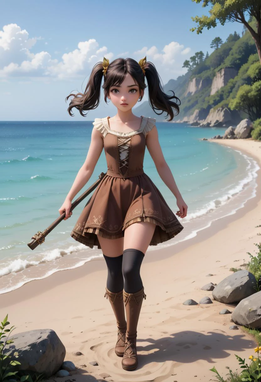 score_9, score_8_up, score_7_up, 1girl (medium full shot) of (lovely young woman:1.1) cavewoman, japanese with black hair styled in twin-tails, dark brown eyes, pale skin, petite, wearing Stone Age costume with hide dress, woven reed stockings, primitive leather shoes, wooden staff for support and defense scared at the viewer, she's brushing her hair with her fingers, .set in Cliffside Clearing, Wind-swept plateau overlooking the ocean, sparse grasses clinging to the earth, wildflowers peeking from crevices, gnarled trees leaning away from the sea breeze , at sunset. Masterpiece,best quality, photorealistic, amazing quality, very aesthetic, extremely detailed face, ,Masterpiece,best quality, photorealistic, amazing quality, very aesthetic, extremely detailed face,
