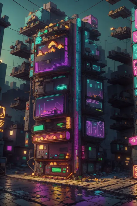 <lora:NESVoxelStyle:1> NESVoxelStyle, scenery, cyberpunk slums, neon lights, night, (masterpiece:1.2), best quality, night, (masterpiece:1.2), best quality