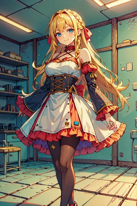 <lora:NESVoxelStyle:1> NESVoxelStyle,, ultra detailed, masterpiece, best quality, aesthetic, detailed,, solo, soft smile, light smile,
1girl, blue eyes, very long hair, blonde hair, long blonde hair, french braid, bangs, medium breasts,, hair ribbon, frilled choker, criss-cross halter, sleeveless dress, high-waist skirt, backless dress, waist bow, detached sleeves, frilled sleeves, wide sleeves, pantyhose, patterned legwear, mary janes,