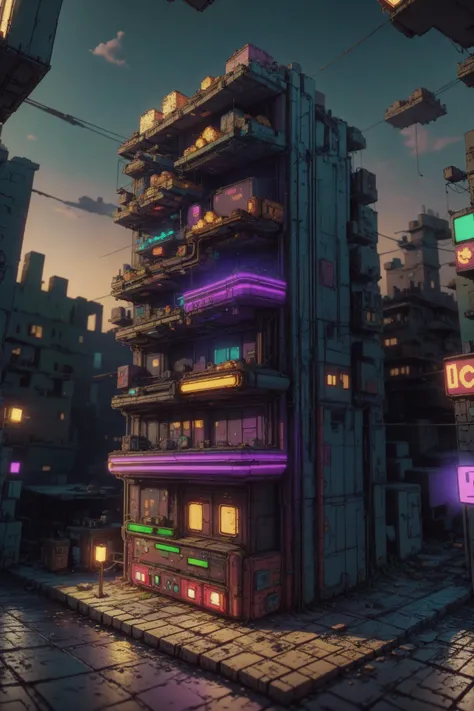 <lora:NESVoxelStyle:1> NESVoxelStyle, scenery, cyberpunk slums, neon lights, night, (masterpiece:1.2), best quality, night, <lora:LowRA:0.8>, (masterpiece:1.2), best quality