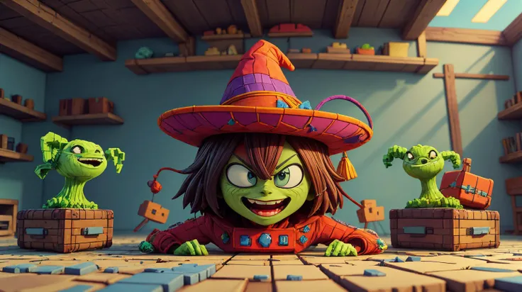side scrolling video game <lora:NESVoxelStyle:0.75> NESVoxelStyle wicked witch <lora:add_detail:0.5> , Voxel, 3D, Pixel, plastic, shiny, (Masterpiece:1.3) (best quality:1.2) (high quality:1.1)