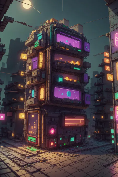 <lora:NESVoxelStyle:1> NESVoxelStyle, scenery, cyberpunk slums, neon lights, night, (masterpiece:1.2), best quality, night, (masterpiece:1.2), best quality