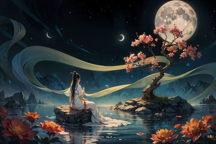Anime girl sitting on a rock in the water with a full moon in the ...