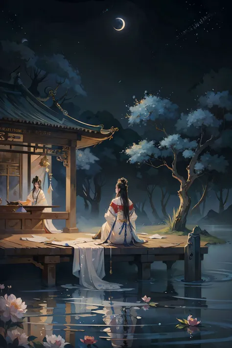 official art, unity 8k wallpaper, ultra detailed, beautiful and aesthetic, masterpiece, best quality, You may be one person to the world but you may also be the world to one person, paradox, adrian ghenie, jenny saville, edward hopper, surrealism, dark art by james jean, takato yamamoto, inkpunk minimalism, fashion magazine, editorial photography,  gufeng, moon, tree, solo, water, flower, branch, night, black hair, facing away, shawl, full moon, (1girl), in tree, long hair, sky, sitting, chinese clothes, hanfu, crescent moon, standing, outdoors <lora:gufeng:0.8>