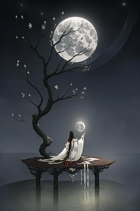 gufeng, moon, tree, solo, water, flower, branch, night, black hair, facing away, shawl, full moon, (1girl), in tree, long hair, sky, sitting, from behind, chinese clothes, hanfu, crescent moon, male focus, standing, outdoors <lora:gufeng-000014:1>