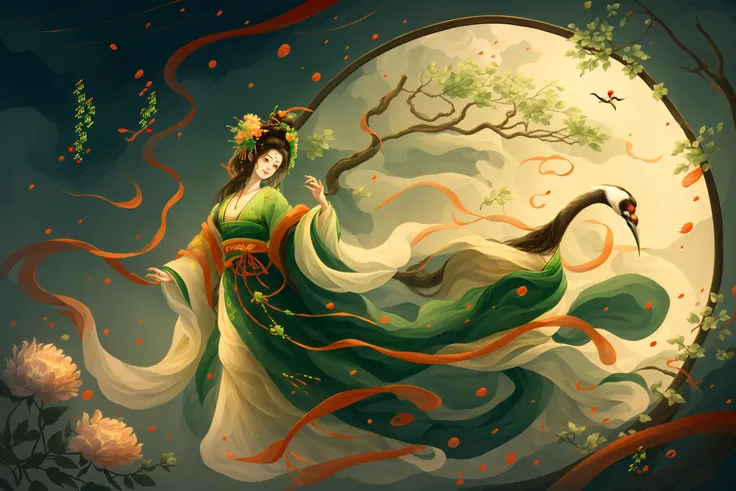 gufeng, bird, long hair, hair ornament, 1girl, flower, green dress, chinese clothes, hair flower, hanfu, black hair, dress, jewelry, long sleeves, sash, tassel, tree, forehead mark, crane (animal), brown hair, holding, ribbon, scroll, flying, shawl<lora:gufeng-000014:1>