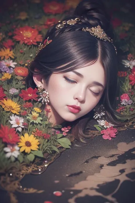 girl, (eyes closed:1.25), (flower:1.3), lying on (grass:1.1), detailed face, gufeng,  <lora:gufeng-000014:0.4>, (colorful:1.4), (ink, paint:1.5), delicate, best quality, (intricate details:1.35), hyper detail, finely detailed, colorful, 8k uhd,  (detailed skin:1.2), depth of field,