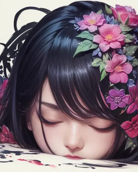 girl, (eyes closed:1.2), (flower:1.3), lying on (grass:1.1), detailed face, close up, gufeng, <lora:gufeng-000014:0.4>, (colorful:1.4), (ink, paint:1.5), delicate, best quality, (intricate details:1.3), hyper detail, finely detailed, colorful, 8k uhd, (detailed skin:1.2), depth of field,