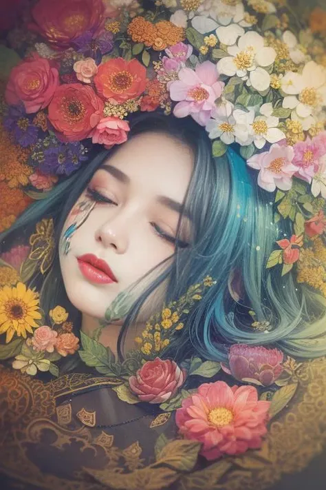 girl, (eyes closed:1.2), (flower:1.3), lying on (grass:1.1), detailed face, gufeng,  <lora:gufeng-000014:0.4>, (colorful:1.4), (ink, paint:1.5), delicate, best quality, (intricate details:1.3), hyper detail, finely detailed, colorful, 8k uhd,  (detailed skin:1.2), depth of field,