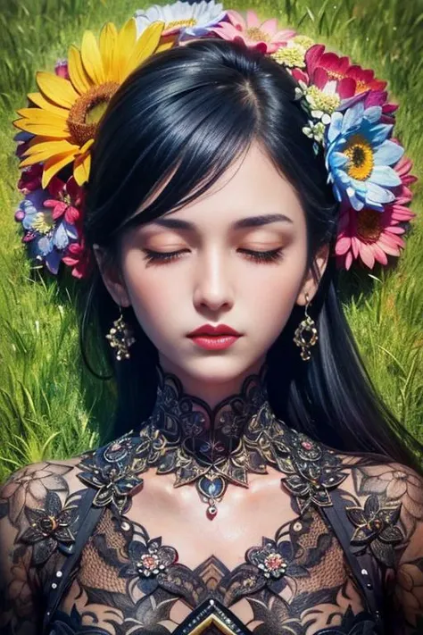 girl, (eyes closed:1.1), (flower:1.3), lying on (grass:1.5), detailed face, hand near her face, gufeng,  <lora:gufeng-000014:0.5>, (colorful:1.2), (ink, paint:1.4),, RAW photo, delicate, best quality, (intricate details:1.3), hyper detail, finely detailed, colorful, 8k uhd, film grain, (studio lighting:1.2), (Fujifilm XT3), (photorealistic:1.3), (detailed skin:1.2), depth of field,