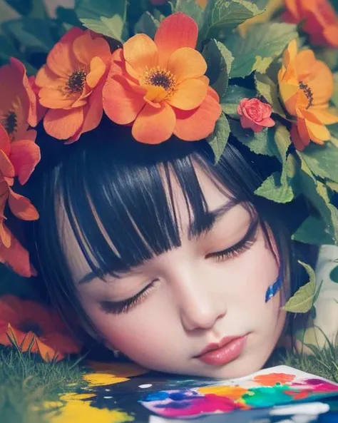 girl, (eyes closed:1.2), (flower:1.3), lying on (grass:1.1), detailed face, close up, gufeng, <lora:gufeng-000014:0.4>, (colorful:1.4), (ink, paint:1.5), delicate, best quality, (intricate details:1.3), hyper detail, finely detailed, colorful, 8k uhd, (detailed skin:1.2), depth of field,