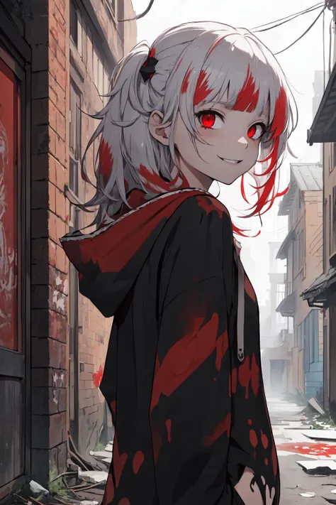 (best quality:1.2),absurdres,solo, 1girl, highly detailed eyes, highly detailed background, perfect lighting,back alley,Derelict building,blood smear,stylish pose,
gura_red, red eyes, streaked hair, black hoodie,small breasts,light smile,
 <lora:gura-10:1>