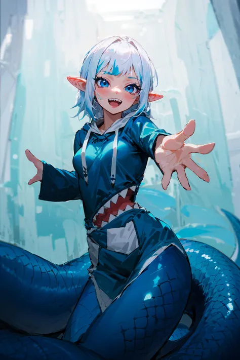 absurdres, 1girl, blue eyes, white hair, short hair, wide-eyed, eyelashes, looking at viewer, medium breasts, reaching towards viewer, cowboy shot, lamia, <lora:lamia-2_lamia-3__lamia-lamia-1--retro_ham_avas_jun_rifl--08-02:0.8>, pointy ears, sharp teeth, <lora:gura:0.85> gawr gura, blue hoodie, (:D:1.0), blue theme, long sleeves, blurred background