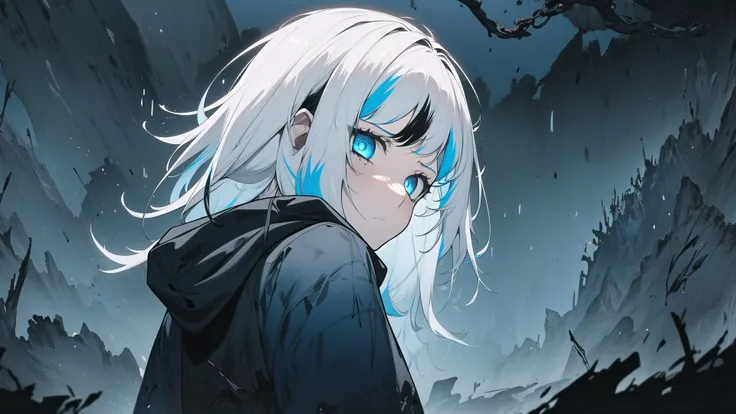 1girl, solo, gura, gura, blue eyes, blue hair, streaked hair, black hoodie, solo, digital art, cursed world, dark and ominous atmosphere, expression of anger and despair, no discernible clothing or background, exploration of the themes of darkness and struggle, creativity, imagination, beauty, interpretation, emotion, feeling, mood, sensation, visual language, dark and sinister hues of black, grey, and blue, jagged and rough brush strokes, distorted and twisted shapes, play of light and shadow, intense and emotional atmosphere, open to interpretation, dark fantasy or horror art. <lora:gura:1.0> (blue and black)