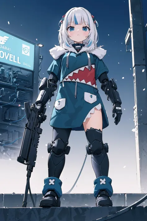 1girl, standing, colorful, standing, posing for action, cyborg, <lora:gura:1>, Gura, gawr gura, blue hoodie, shark hood, shark tail, mecha armor, cables, wires, screens, sci-fi, futuristic, body armor, armor plates, cyberpunk 2077, mechanical limbs, neon lights, dystopian, night time, <lora:add_detail:0.2>