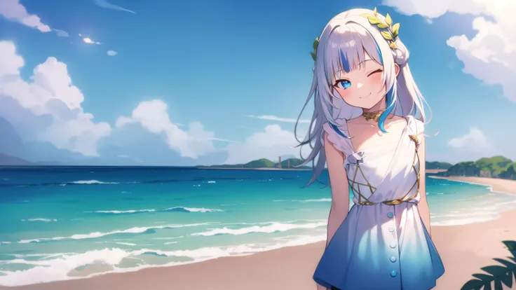 (((masterpiece))), (((best quality))), ((ultra-detailed)), (illustration), 1girl, beach BREAK
(sun), cloud BREAK
BREAK
(beautiful detailed eyes), cowboy shot, looking at viewer, depth of field, gura atlantis, gradient dress, laurel crown, happy, smile, looking at viewer, flat chest, closed eyes, facing viewer, arms behind back, <lora:gura:1>