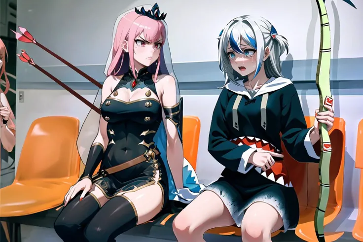 masterpiece, best quality, incrsshotbysonmeme, 2girls, <lora:FatherShotBySonMeme:0.45>, holding, bow \(weapon\), holding weapon,
BREAK <lora:MoriCalliope:1> MoriCalliope, long hair, MoriBase, long hair, veil, tiara, long black sleeveless dress, side slit, torn black cape, shoulder spikes, single black thighhigh, detached sleeves, see-through sleeve, angry, angry,
BREAK, gawr gura, tail, shark tail, blue hoodie, shark print, shark hair ornament, hood, hood down, <lora:Char_VTuber_GawrGura:1>, crying, crying with eyes open, tears,