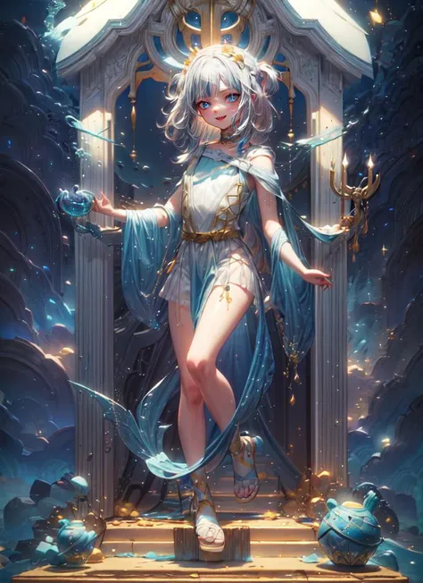 ((best quality)), ((highly detailed)), masterpiece, absurdres, (detailed eyes, deep eyes), <lora:more_details:.4>, (1girl), dynamic pose, full body, <lora:hairdetailer:.9>, <lora:gura:1>, sharp teeth, shark tail, small breasts, trident, smiling, gura_atlantis, gradient dress, laurel crown, (in a shrine, midday), <lora:CelestialTarot_V2:1.2>, tarot, black background
