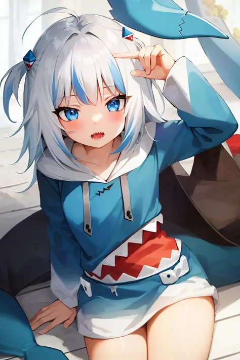 best quality, intricate details, 1girl, white hair, blue eyes, sharp eyes,messy hair, blue highlights, sharp teeth, blue hoodie, shark teeth design, bare legs, hair ornament, gawr gura, shark girl, shark tail, shark print, blue hoodie, sharp teeth, animal hood, shark hair ornament, <lora:gawrGuraHololive_v2:0.8>
