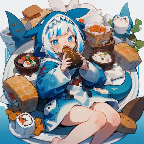 bloop \(gawr gura\), gawr gura, <lora:gawr_gura:0.75>, 1girl, animal costume, animal hood, bare legs, barefoot, blue eyes, blue hair, blue hoodie, blunt bangs, carrot, chibi, eating, fins, fish, fish tail, food, hair ornament, holding, holding food, hood, hoodie, (mini_person, minigirl, oversized food, in food:1.4), leaf, looking at viewer, lying, mini person, minigirl, multicolored hair, open mouth, plate, rice, shark costume, shark girl, shark hair ornament, shark hood, shark print, shark tail, sharp teeth, sleeves past wrists, solo, streaked hair, sushi, tail, teeth, two side up