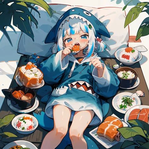 bloop \(gawr gura\), gawr gura, <lora:gawr_gura:0.75>, 1girl, animal costume, animal hood, bare legs, barefoot, blue eyes, blue hair, blue hoodie, blunt bangs, carrot, chibi, eating, fins, fish, fish tail, food, hair ornament, holding, holding food, hood, hoodie, (mini_person, minigirl, oversized food, in food:1.4), leaf, looking at viewer, on back, lying, mini person, minigirl, multicolored hair, open mouth, plate, rice, shark costume, shark girl, shark hair ornament, shark hood, shark print, shark tail, sharp teeth, sleeves past wrists, solo, streaked hair, sushi, tail, teeth, two side up