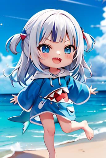 2d, masterpiece, best quality, anime, highly detailed, full body, 1girl, solo, gura_hoodie, blue hoodie, two side up, shark hair ornament, sharp teeth, :d, shark tail, barefoot, dynamic pose, ocean <lora:gura-10:1>
<lora:blindbox_v1_mix:1>,chibi,full body