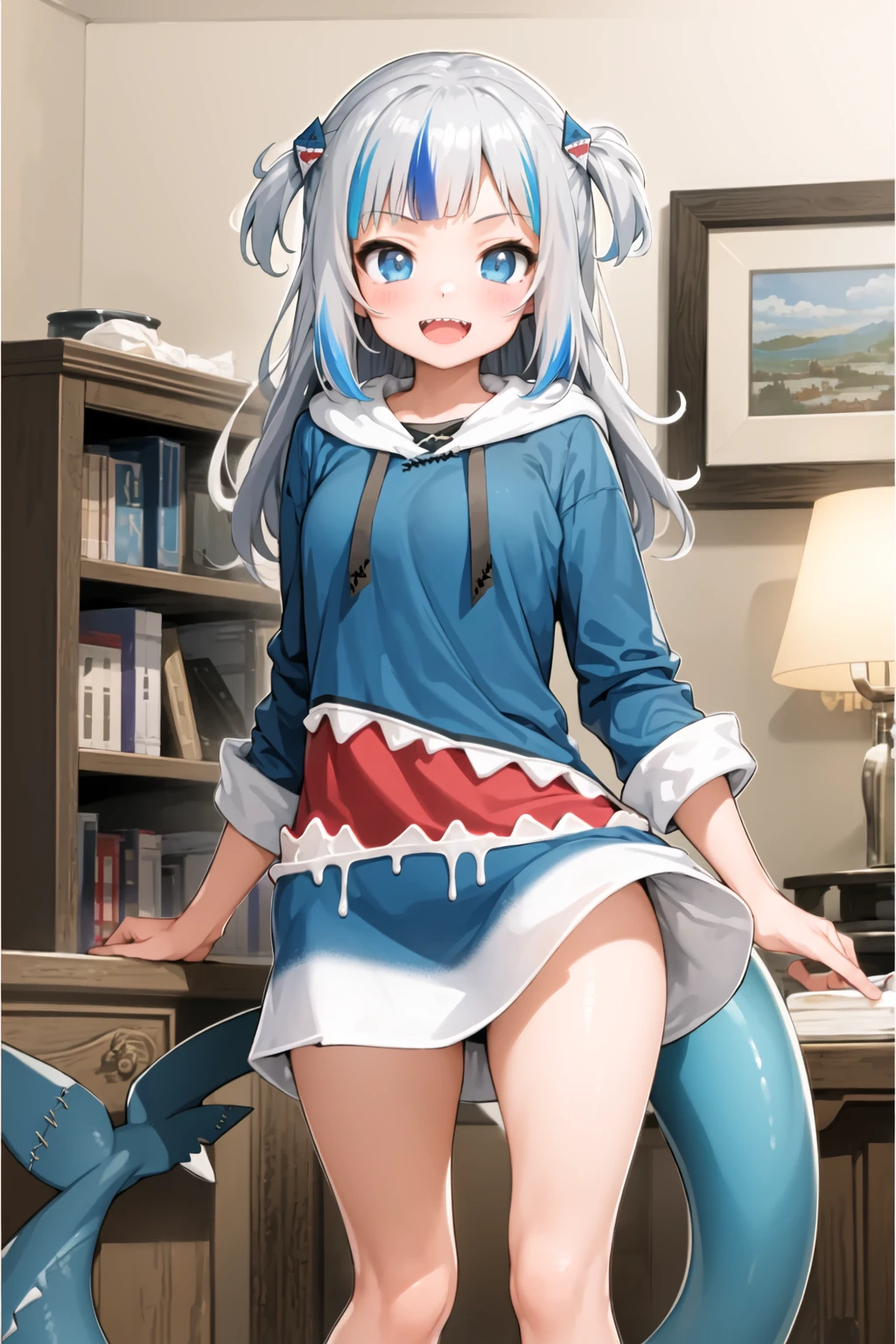 ((masterpiece)), (best quality), (detailed), (1 girl), <lora:NothingToSeeHere:1>, <lora:gawrGuraHololive_v2:1>,gawr gura, shark girl, shark hair ornament, blue hoodie, shark tail, shark print, :d, sharp teeth, standing, barefoot, bedroom