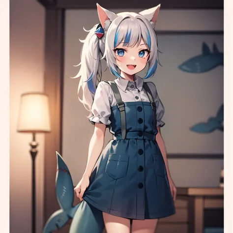 2d, masterpiece, best quality, anime, highly detailed face, highly detailed eyes, highly detailed background, perfect lighting, full body, 1girl, solo, gawr gura, shark girl, blue dress, suspenders, (shark print), side ponytail, cat ears, bangs, hair ornament, :d, sharp teeth, standing, <lora:gawr_gura-17:0.9>