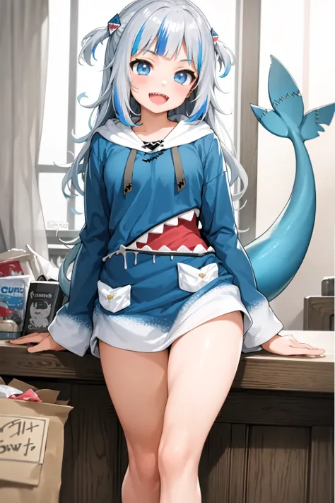 ((masterpiece)), (best quality), (detailed), (1 girl), <lora:NothingToSeeHere:1>, <lora:gawrGuraHo****ve_v2:1>,gawr gura, shark girl, shark hair ornament, blue hoodie, shark tail, shark print, :d, sharp teeth, standing, barefoot, bedroom