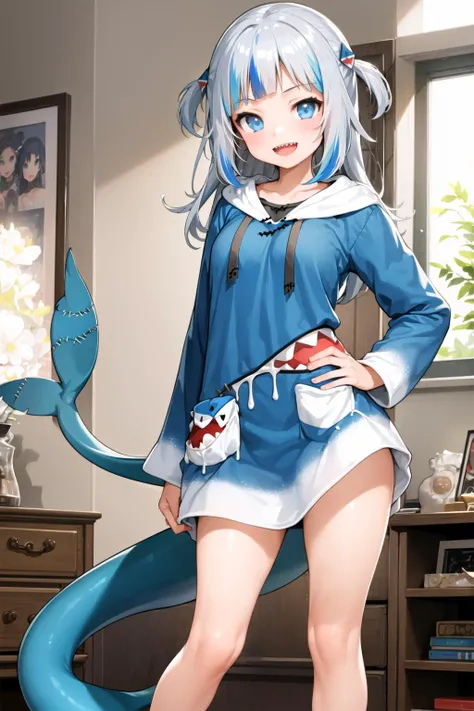 ((masterpiece)), (best quality), (detailed), (1 girl), <lora:NothingToSeeHere:1>, <lora:gawrGuraHololive_v2:1>,gawr gura, shark girl, shark hair ornament, blue hoodie, shark tail, shark print, :d, sharp teeth, standing, barefoot, bedroom