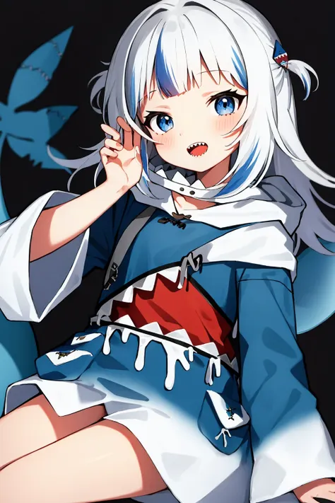 best quality, intricate details, 1girl, white hair, blue eyes, sharp eyes,messy hair, blue highlights, sharp teeth, blue hoodie, shark teeth design, bare legs, hair ornament, gawr gura, shark girl, shark tail, shark print, blue hoodie, sharp teeth, animal hood, shark hair ornament, <lora:gawrGuraHo****ve_v2:0.8>