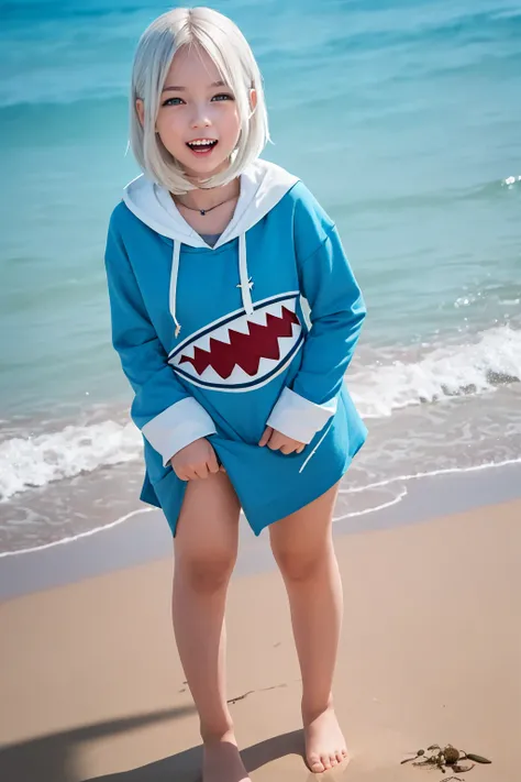 (masterpiece:1.2, best quality), (real picture, intricate details)
1girl, ocean, beach, full body, 
(shark mouth | half-closed_mouth | light smile ),
<lora:gawrGuraHololive_v2:0.8>, gawr gura, white hair, shark tail, sharp teeth, shark girl, shark print, blue hoodie, shark hair ornament,
<lora:coserMoe_v20:0.2>