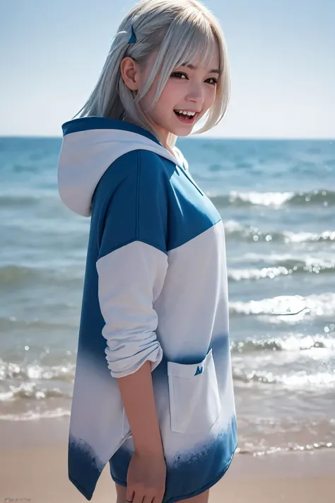 (masterpiece:1.2, best quality), (real picture, intricate details)
1girl, ocean, beach, palm tree,
(shark mouth | half-closed_mouth | light smile ),
<lora:gawrGuraHololive_v2:0.8>, gawr gura, white hair, shark tail, sharp teeth, shark girl, shark print, blue hoodie, shark hair ornament,
<lora:coserMoe_v20:0.2>
