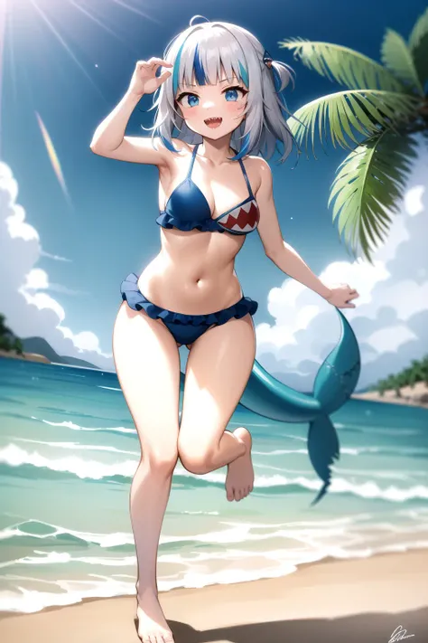 2d, masterpiece, best quality, anime, highly detailed, full body, 1girl, solo, gura_bikini, blue bikini, frills, barefoot, :d, sharp teeth, shark tail, dynamic pose, beach, island, palm tree, towel, waves <lora:gura-10:1>