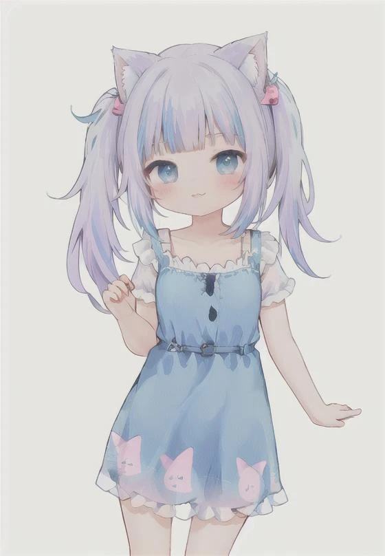 gura_neko, blue dress, cat ears, side ponytail, high quality, highres, absurdres, cute, simple background, aesthetic, pastel colors, <lora:gawr gura:0.7>, <lora:GoodHands-beta2:0.6>