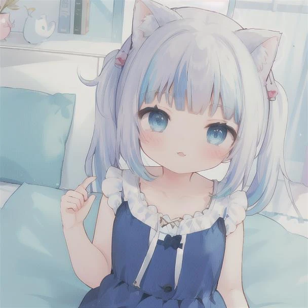 gura_neko, blue dress, cat ears, side ponytail, high quality, highres, absurdres, cute, bedroom, aesthetic, pastel colors, <lora:gawr gura:0.7>, <lora:GoodHands-beta2:0.6>