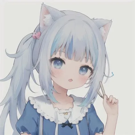 gura_neko, blue dress, cat ears, side ponytail, high quality, highres, absurdres, cute, simple background, aesthetic, pastel colors, <lora:gawr gura:0.7>, <lora:GoodHands-beta2:0.6>