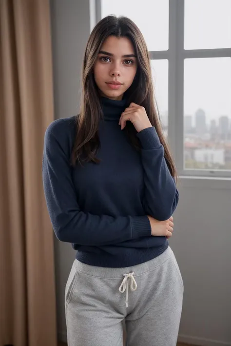photo of a 0ER0_Darla_Claire woman, wearing a turtleneck sweater, sweatpants, RAW photo, 8k UHD, soft lighting, high quality, film grain, Fujifilm XT3, 16mm, color graded portra 400 film, remarkable color, remarkable detailed pupils