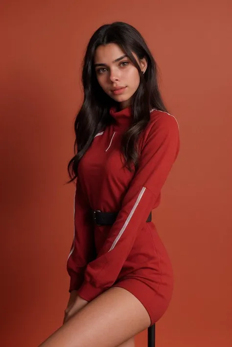 photo of a 0ER0_Darla_Claire woman, wearing a long sleeve, red background, RAW photo, 8k UHD, soft lighting, high quality, film grain, Fujifilm XT3, 16mm, color graded portra 400 film, remarkable color, remarkable detailed pupils
