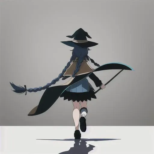 simple background, grey background, solo, <lora:roxyMigurdiaLora_offset:0.8>, roxy migurdia, 1girl, bangs, black headwear, blue hair, braid, single braid, brown cape, floating hair, hat, long hair, witch hat, back view, walking